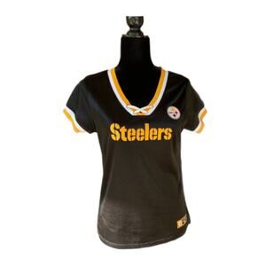 NFL For Her Womens Top Size Large Black Gold White Sexy Lace Up Fitted Steelers